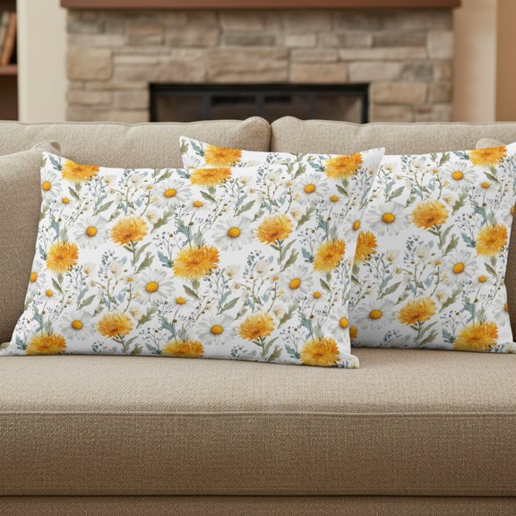 Spring Yellow Flowers Pillow Covers Set of 2, White Daisy Grass Farm Plant Watercolor 12x20 Inch Decorative Throw Pillow Covers Soft Pillowcases with Zipper for Couch Sofa Bed Chair
