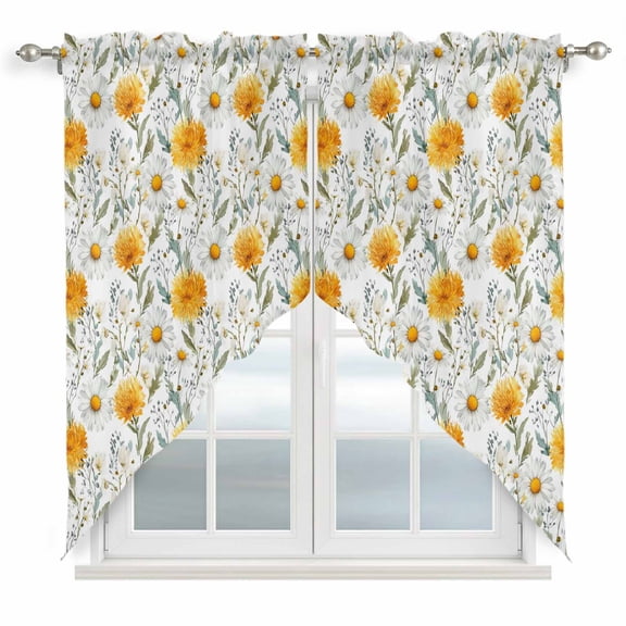 Spring Yellow Flowers Swag Curtain Valance for Window 2 Panels White Daisy Grass Farm Plant Watercolor Rod Pocket Small Window Swag Valances for Kitchen Bedroom Bathroom 28" W x 36" L