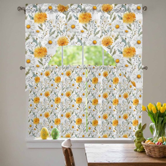 Spring Yellow Flowers Swag Curtains Valance & Tier Set, White Daisy Grass Farm Plant Watercolor 3 Pcs Set Kitchen Swag Valances and Tiers 36 Inch Length Rod Pocket Curtain Drapes for Bedroom