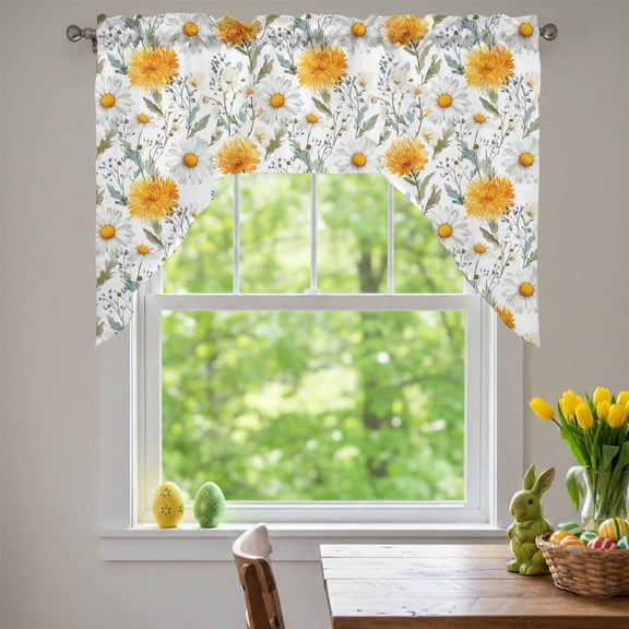 Spring Yellow Flowers Swag Valances for Kitchen Window, White Daisy Grass Farm Plant Watercolor Small Swag Valances Rod Pocket Curtain Drapes Window Treatment for Bedroom Bathroom, 56x36 Inch