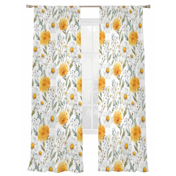 Spring Yellow Flowers Window Sheer Curtain White Daisy Grass Farm Plant Watercolor Semi Curtain Sheers Light Filtering Rod Pocket Voile Drapes for Bedroom Kitchen Living Room 52 X 108 Inch, 2 Panels