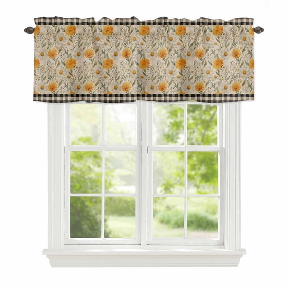 Spring Yellow Flowers Window Valance for Kitchen, Vintage White Daisy Plaid Farm Plant Rod Pocket Short Curtain for Small Windows, Light Filtering Decorative Valance, 60 x 18 Inch