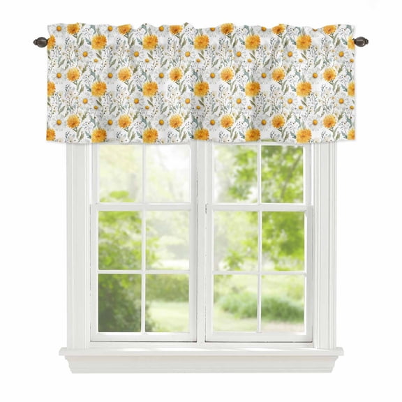 Spring Yellow Flowers Window Valance for Kitchen, White Daisy Grass Farm Plant Watercolor Rod Pocket Short Curtain for Small Windows, Light Filtering Decorative Valance, 42 x 18 Inch