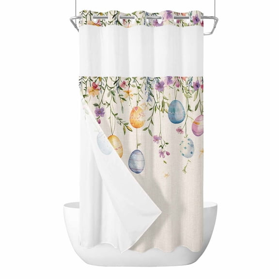 Spring Yellow No Hooks Shower Curtain with Snap-in Liner Blue Pink Easter Eggs Eucalyptus Leaf Retro Shower Curtains for Bathroom, Waterproof, Easy Install, Washable 36"x78"