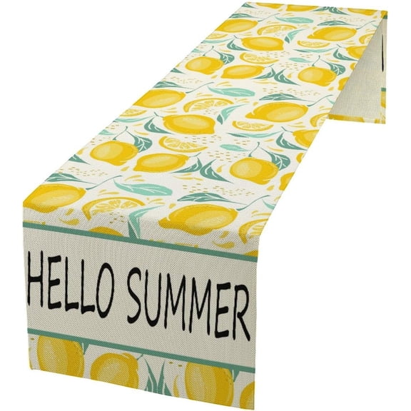 Spring Yellow Lemon Table Runner, Hello Summer Seasonal Exotic Fresh Fruits Plants Branch Leaves Print Table Cover for Farmhouse Kitchen Table Party Decor, 13x36inch