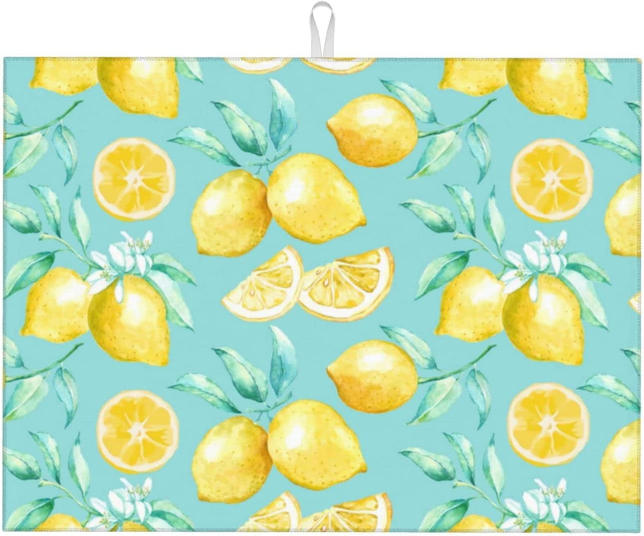 Spring Yellow Lemon Teal Background Microfiber Dish Drying Mat For ...