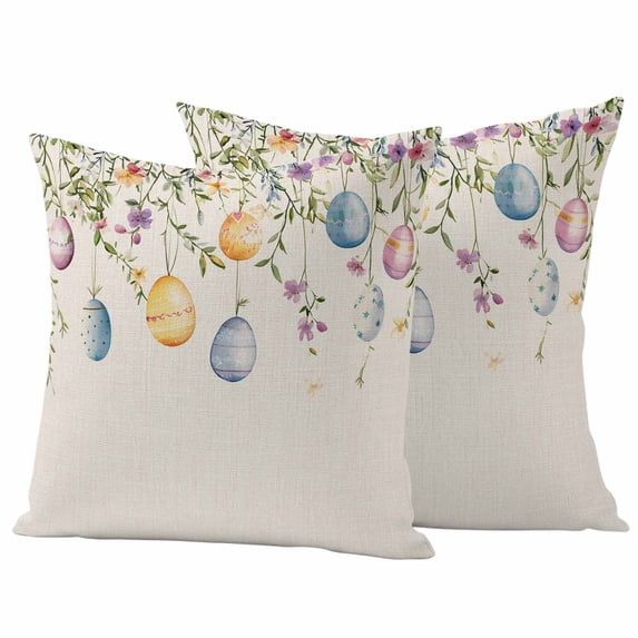 Spring Yellow Pillow Covers 2 Pack Blue Pink Easter Eggs Eucalyptus Leaf Retro Pillowcase Waterproof Outdoor Throw Pillow Cover for Patio Garden Square Cushion 16”x16”