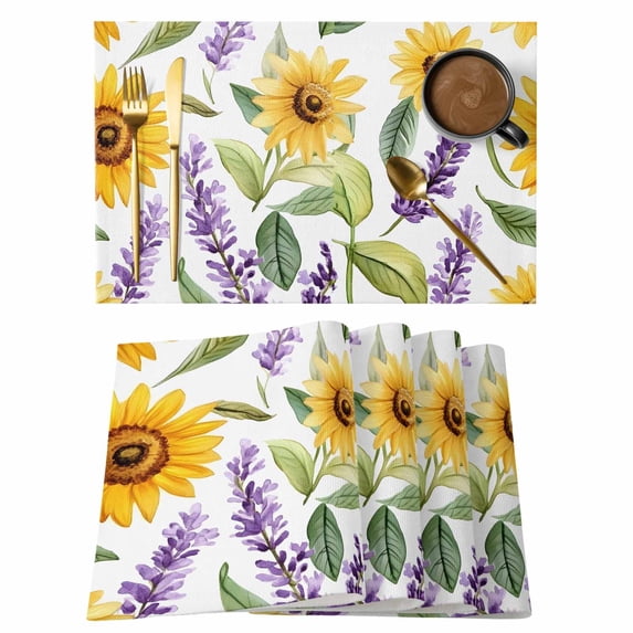 Spring Yellow Placemats Set of 4, Sunflower Purple Lavender Flower Leaf Non-Slip Place Mats Washable Table Mats for Kitchen Dining Table Decorations Indoor/Outdoor