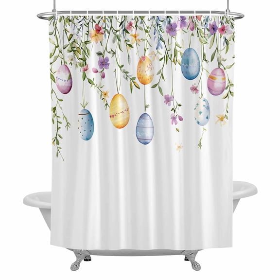 Spring Yellow Shower Curtain for Bathroom, Blue Pink Easter Eggs Eucalyptus Leaf Waterproof Cloth Fabric Bathroom Accessories Set with 12 Rust Proof Plastic Hooks, 36"x72"