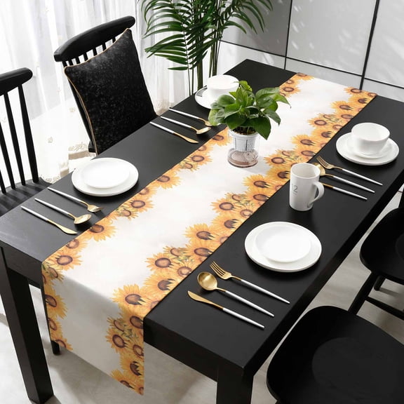 Spring Yellow Sunflower Cotton Linen Long Table Runner 13 x 108 inch Retro Botanical Pastoral Country Non-slip Rectangular Dining Table Decor for Wedding Party Holiday Dinner