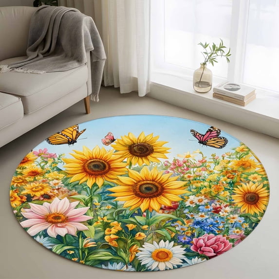 Spring Yellow Sunflower Round Area Rug 3 FT,Small Kitchen Bathroom Mats,Butterfly Floral Daisy Country Washable Indoor Outdoor Throw Runner Carpet Non-Shedding Doormat for Table Shower Sofa Entryway