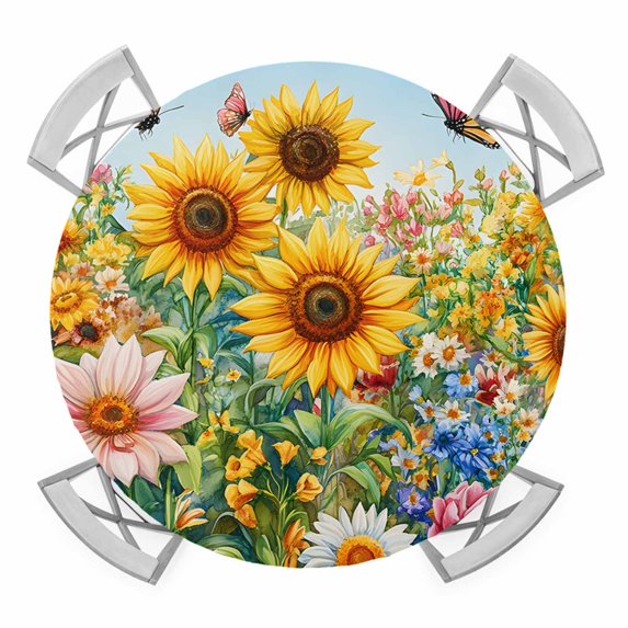 Spring Yellow Sunflower Round Tablecloth for 36-44 Inch Tables,Fitted Table Cover with Elastic Edge,Butterfly Floral Daisy Country Waterproof Outdoor Table Cloth Protector for Patio Garden Dinner