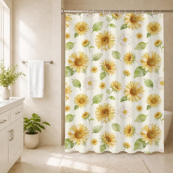 Spring Yellow Sunflower Shower Curtain with Hooks, Waterproof, Machine Washable, for Bathroom