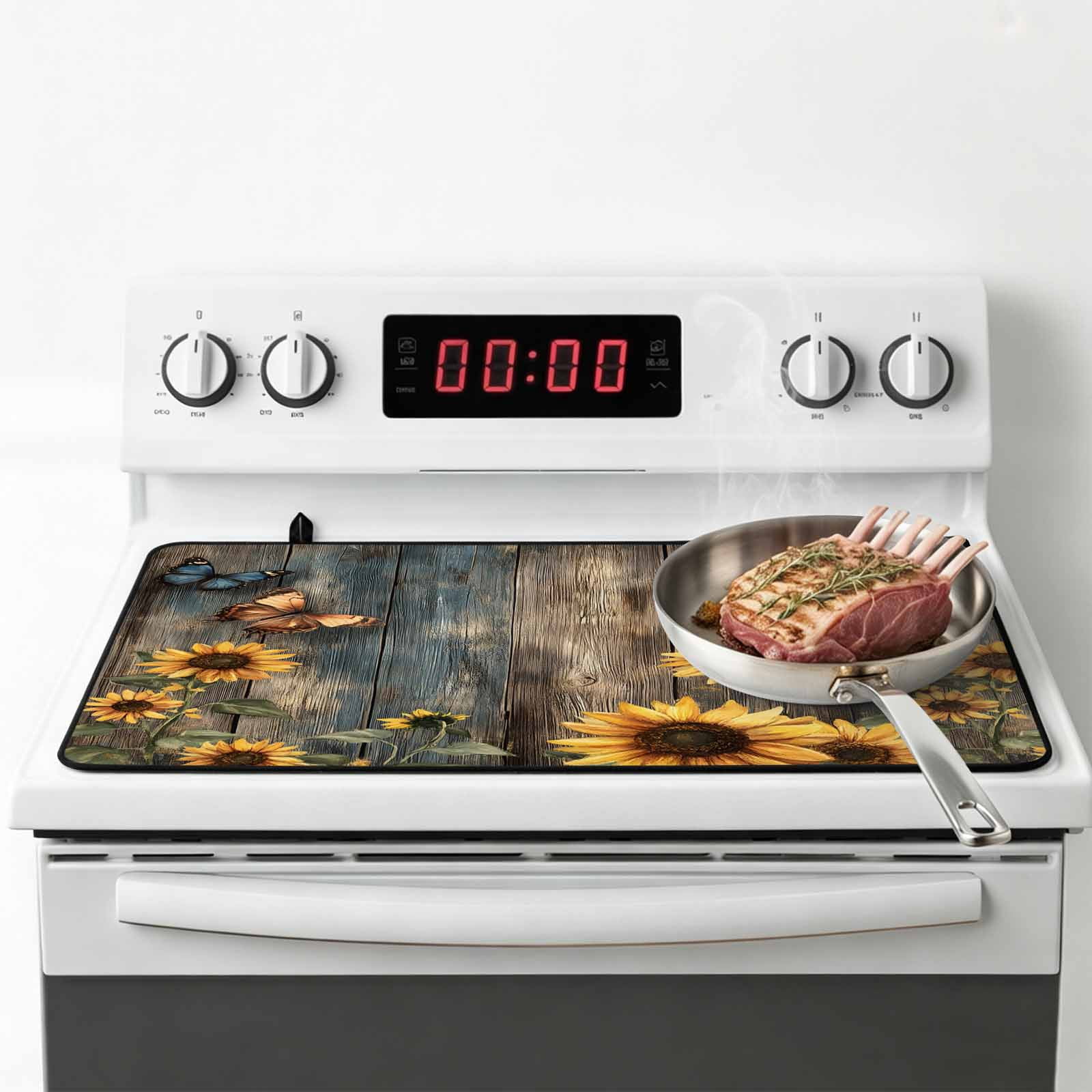 Spring Yellow Sunflower Stove Top Cover for Electric Stove, Heat-proof & Non Slip Glass Top Stove Cover Protector, Butterfly Wood Retro Farmhouse Kitchen Flat Cooktop Rubber Mat 24x21 Inches