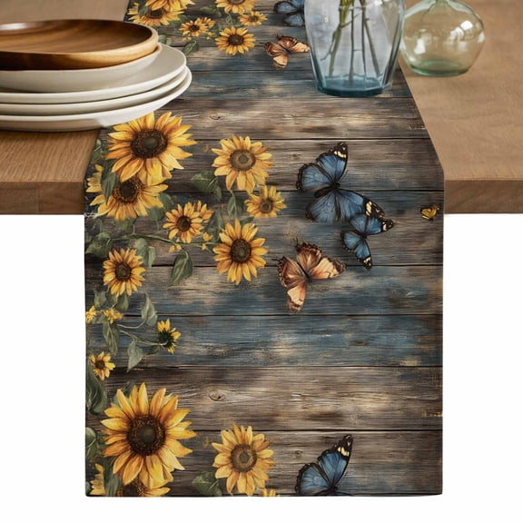 Spring Yellow Sunflower Table Runner, Butterfly Wood Retro Farmhouse Washable Cotton Linen Table Runners 36 Inches Long, Dresser Scarf Runner for Nightstand/End Tables/Round Tables 13''x36''