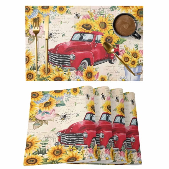 Spring Yellow Sunflowers Placemats Set of 4, Farm Floral Car Pastoral Placemats for Dining Table, Place Mats for Kitchen Tabletop, Waterproof Wipeable Dining Table Mats Set