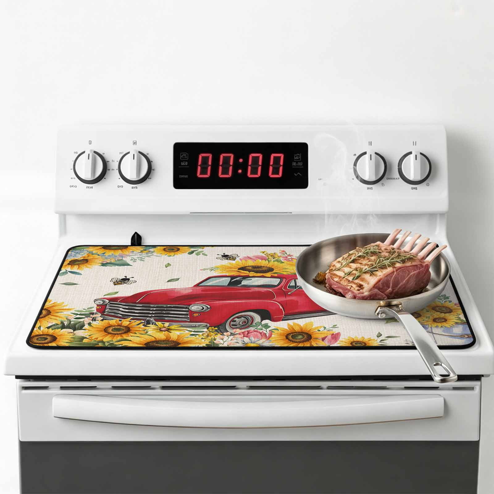 Spring Yellow Sunflowers Stove Top Cover for Electric Stove, Heat-proof & Non Slip Glass Top Stove Cover Protector, Farmhouse Car Bees Country Kitchen Flat Cooktop Rubber Mat 24x21 Inches