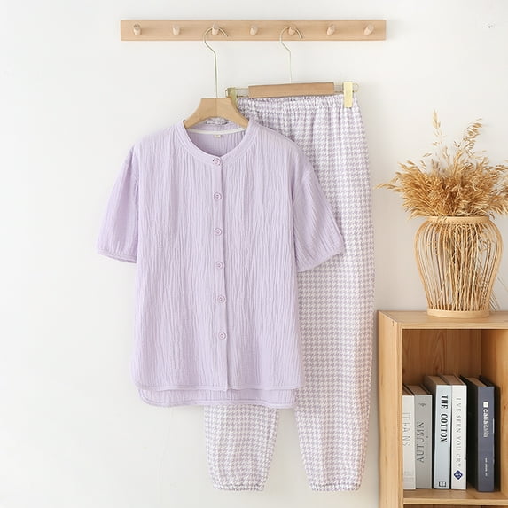 Spring and Autumn Cotton Gauze Sleepwear Women's Lightweight Summer Round Neck Plaid Long Sleeve Long Pants Wearable Loungewear Set