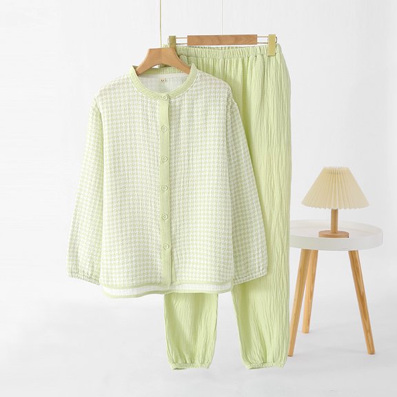 Spring and Autumn Cotton Gauze Sleepwear Women's Lightweight Summer Round Neck Plaid Long Sleeve Long Pants Wearable Loungewear Set