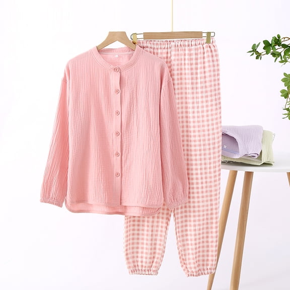 Spring and Autumn Cotton Gauze Sleepwear Women's Lightweight Summer Round Neck Plaid Long Sleeve Long Pants Wearable Loungewear Set