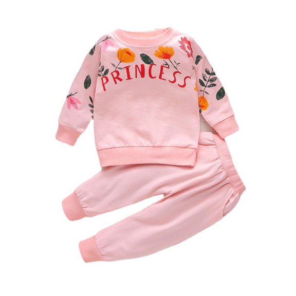 Spring and Autumn Girls' Baby Clothing Set Fashion Cotton Top+Strap Pants Two-piece Girls' Newborn Children's Flower Letter Set.
