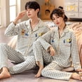 thumbnail image 1 of Spring and Autumn Long-sleeved Korean Cardigan Cotton Sleepwear Two-piece Set Casual V-neck Couples Pajamas Women Pajama Man, 1 of 7