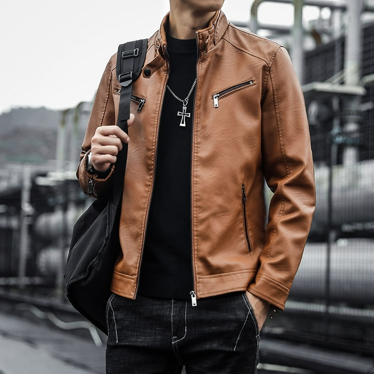 Spring and Autumn Men s Leather Jacket Men s Korean Casual Men s Standing Collar Slim Fit Motorcycle Leather Jacket Jacket Men s Youth Walmart
