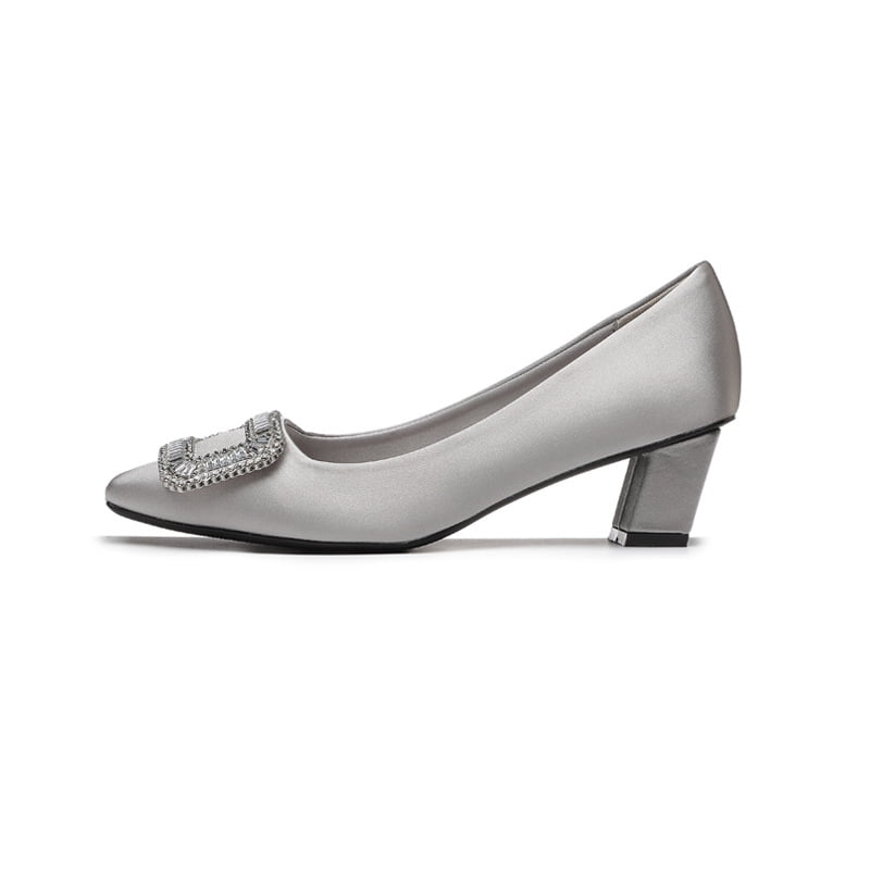 Spring and Autumn New RV Shallow Mouth Square Thick Heel High Heels Silk Satin Flat Mid Heel Square Buckle Rhinestone Shoes for Women Walmart