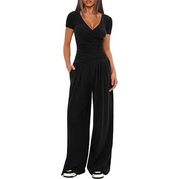 Spring and Autumn Wide-Leg Pants Set for Women, Short-Sleeved Sportswear Two-Piece Set for Various Occasions, Casual Commuting