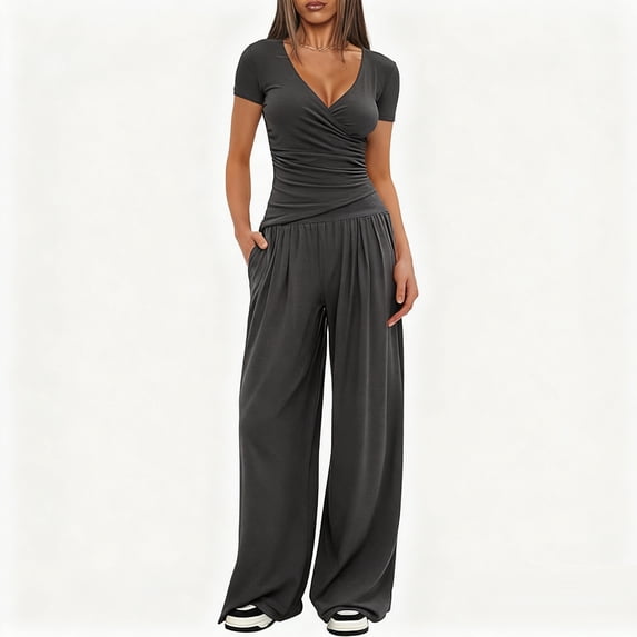 Spring and Autumn Wide-Leg Pants Set for Women, Short-Sleeved Sportswear Two-Piece Set for Various Occasions, Casual Commuting