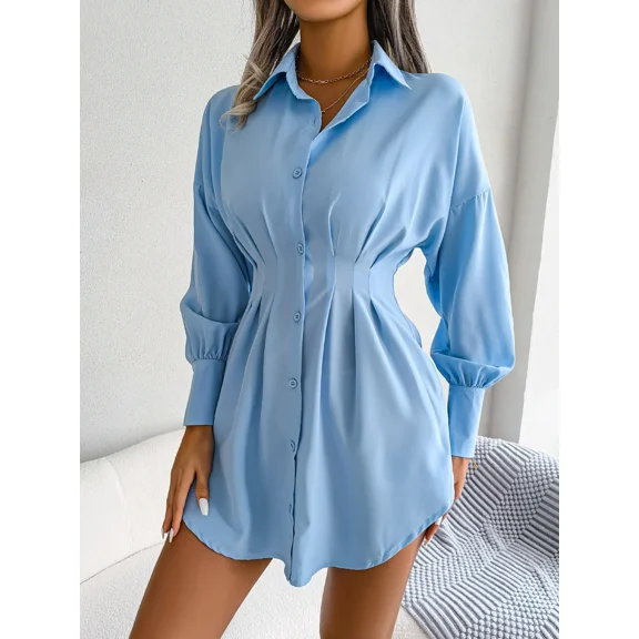 New Spring and Summer Casual Lantern Sleeves Waist Asymmetrical Shirt Dress Womens Clothing