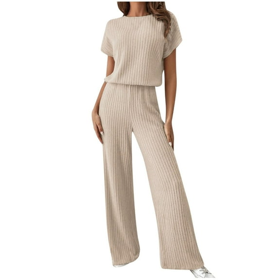 Spring and Summer Fashion 2 Picec of Sets for Womens Plus Size Casual Solid Color Pants Raglan Short Sleeve Round-Neck Blouses Set