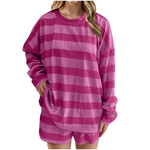 Spring and Summer Fashion 2 Picec of Sets for Womens Plus Size Striped Knitted Long Sleeved Round Neck Top Pants Set