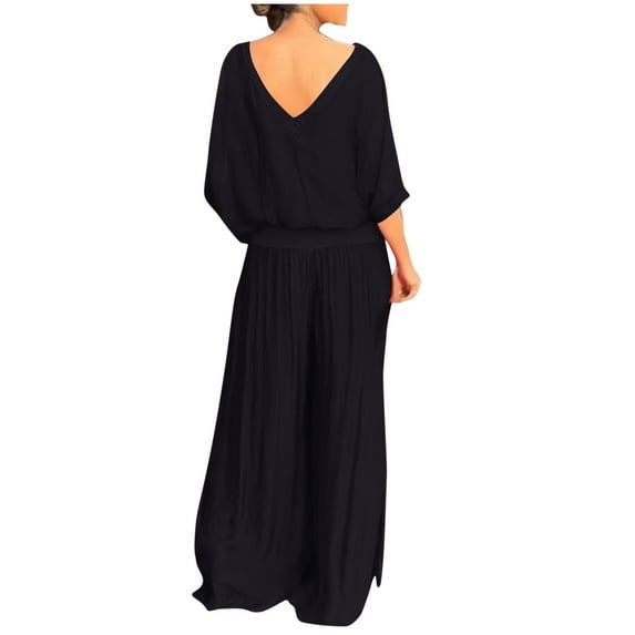 Spring and Summer Fashion 2 Picec of Sets for Womens Plus Size V-neck Solid Color Short Sleeve Wide Legs Split Fork Loose Pants