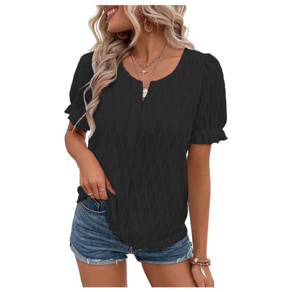 Spring and Summer New Solid Color Short-sleeved T-shirt Female Casual Loose Bubble Sleeve Jacquard V-neck Short-sleeved Blouse