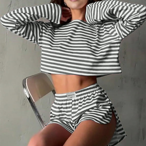 Spring and Summer New Style Comfortable and Fashionable Striped Long-Sleeved Flared Shorts Sleeping Suit for Ladies