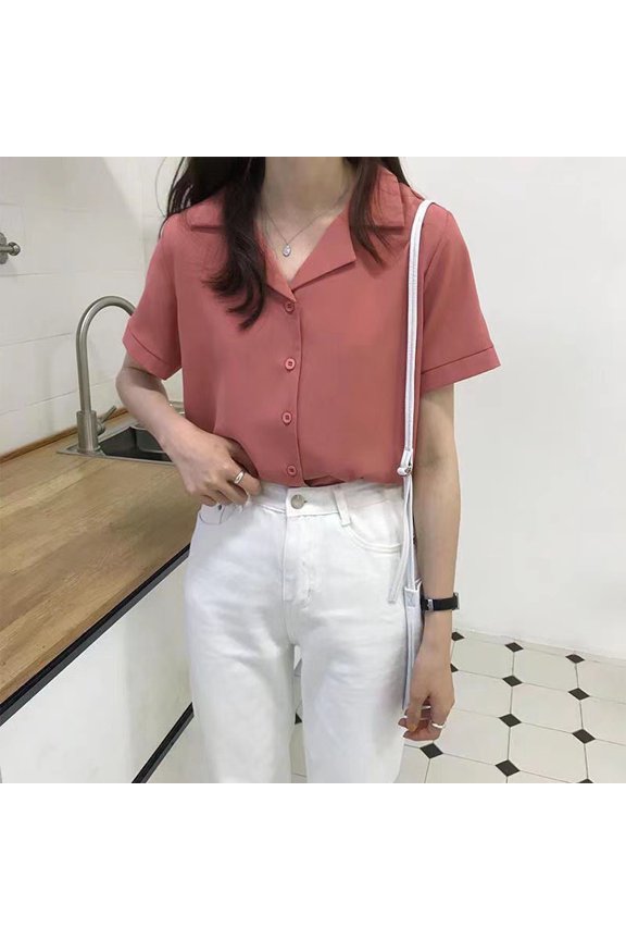 Spring and Summer Shirt Women's Short-Sleeved Professional Polo Collar Solid Color Shirt Korean Style Sense of Design Niche Fresh Simple Shirt