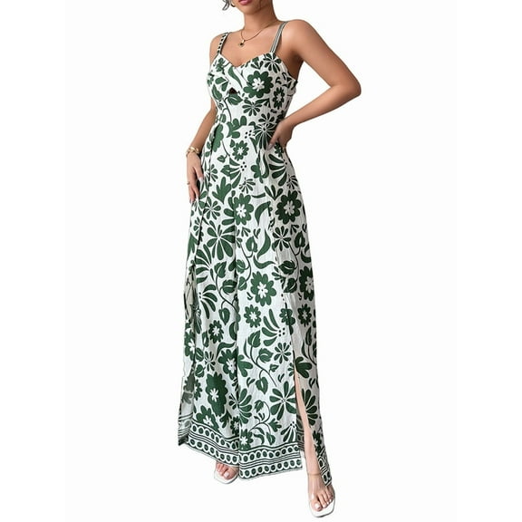 Spring and Summer Temperament Elegant Twisted Print Small Suspender Wide Leg Jumpsuit Long Pants Women'S Green XL