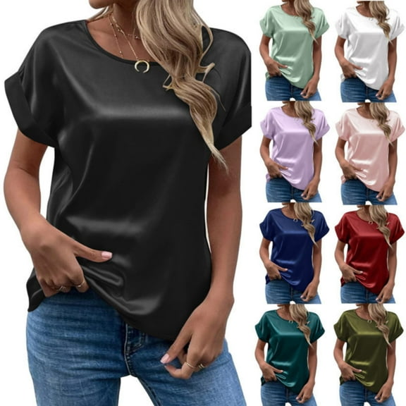 Spring and Summer Women's Short Sleeved Satin Shirt Loose Casual Round Neck T Shirt Fall Fashion,Color:Black,Size:M