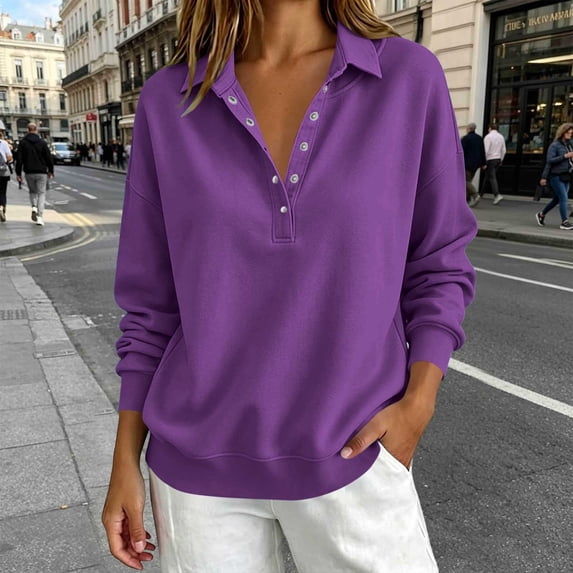 Spring and Winter Fashion Loose Long Sleeve Button up Collar Hoodless Sweatshirts for Women, Purple, M