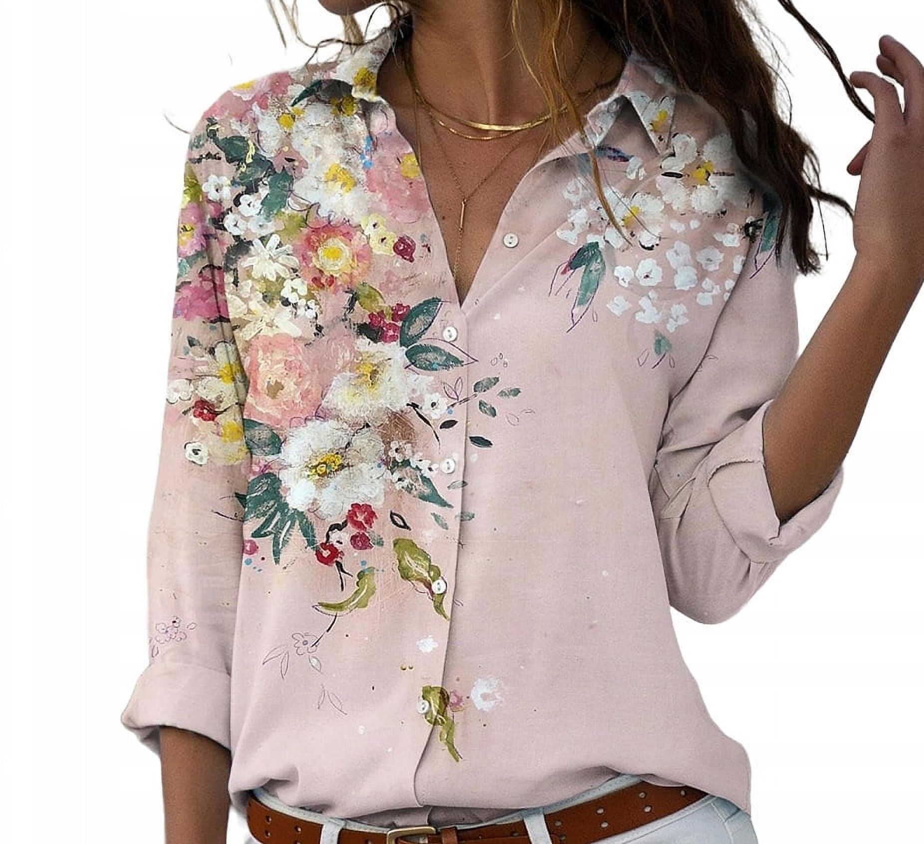 Spring and summer floral lapel long-sleeved shirt for women with ...