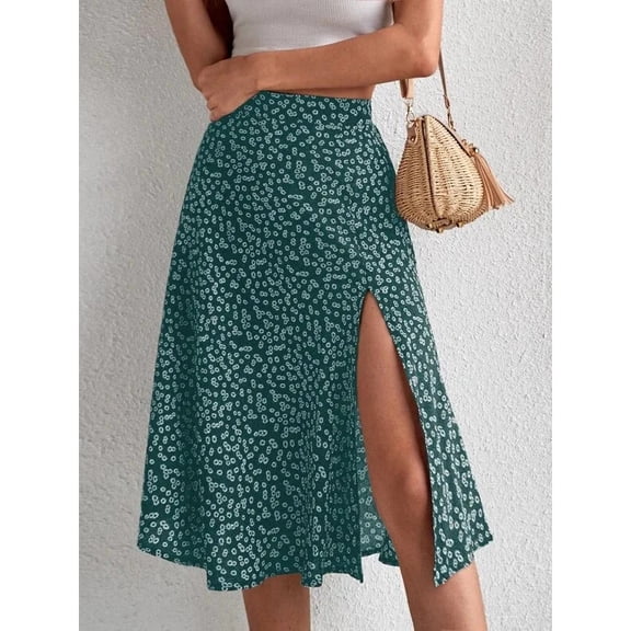 Spring and summer new women's versatile floral zipper split A-line skirt
