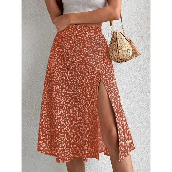 Spring and summer new women's versatile floral zipper split A-line skirt