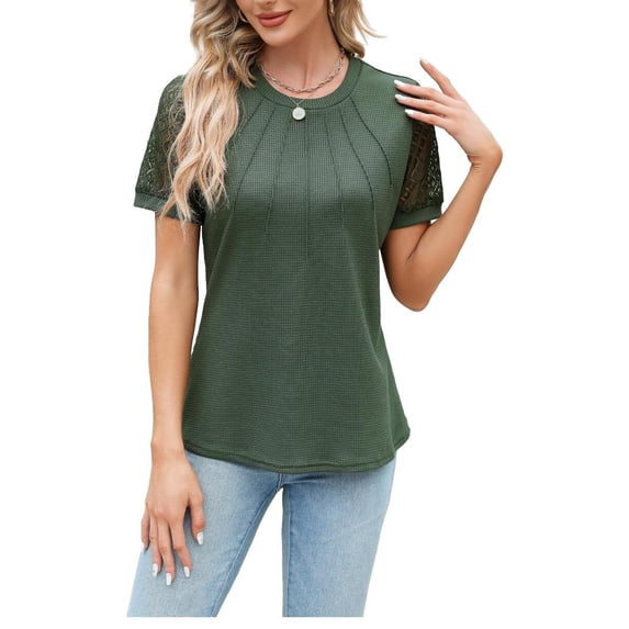 Spring and summer solid color T-shirt women's round neck lace short-sleeved top