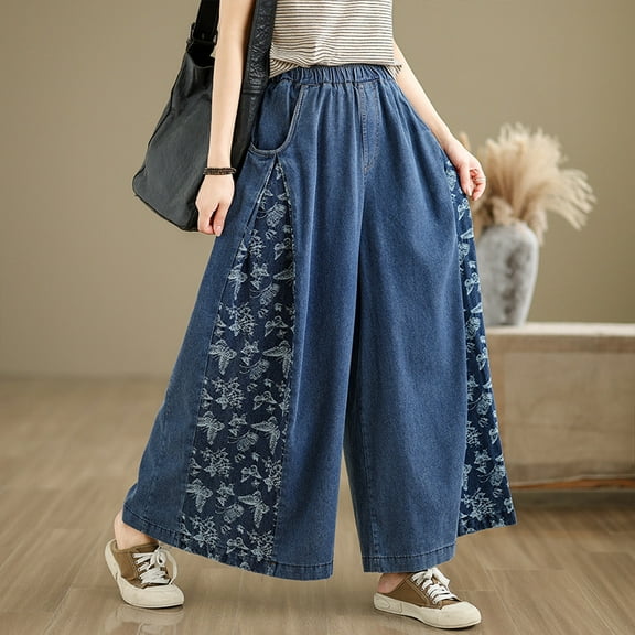Spring and summer street Gothic Y2K thin denim patchwork casual retro loose oversized women's wide leg pants 9-inch pants