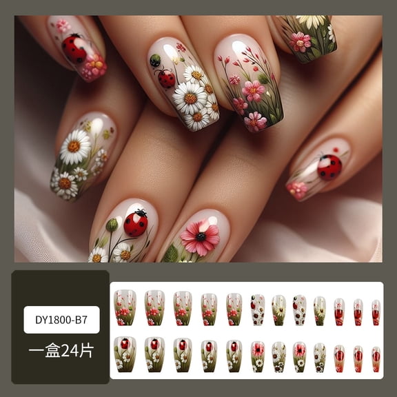 Spring daisy oil painting nail art, flower sea ladybug fake nail patch, cross-border hot-selling ballet wearing nail