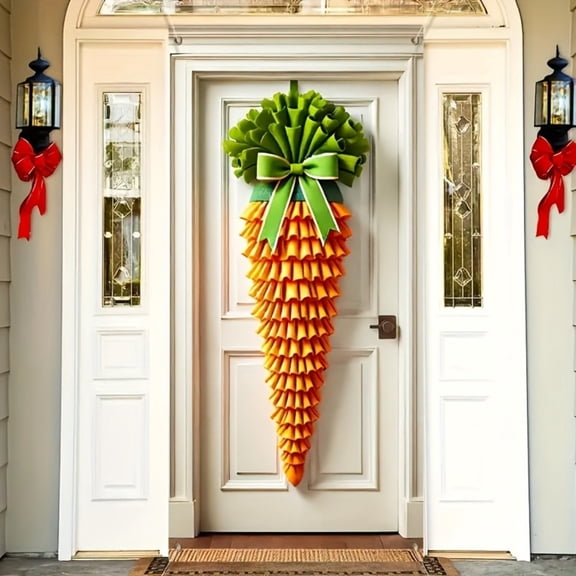 Spring decorations, 71X14 in, Easter Carrot decor, Bow decorations, Green details, Ruffled Fabric, Hanging Door Display, Entry Porch Accent, Holiday Seasonal Adornment, 1 Pc