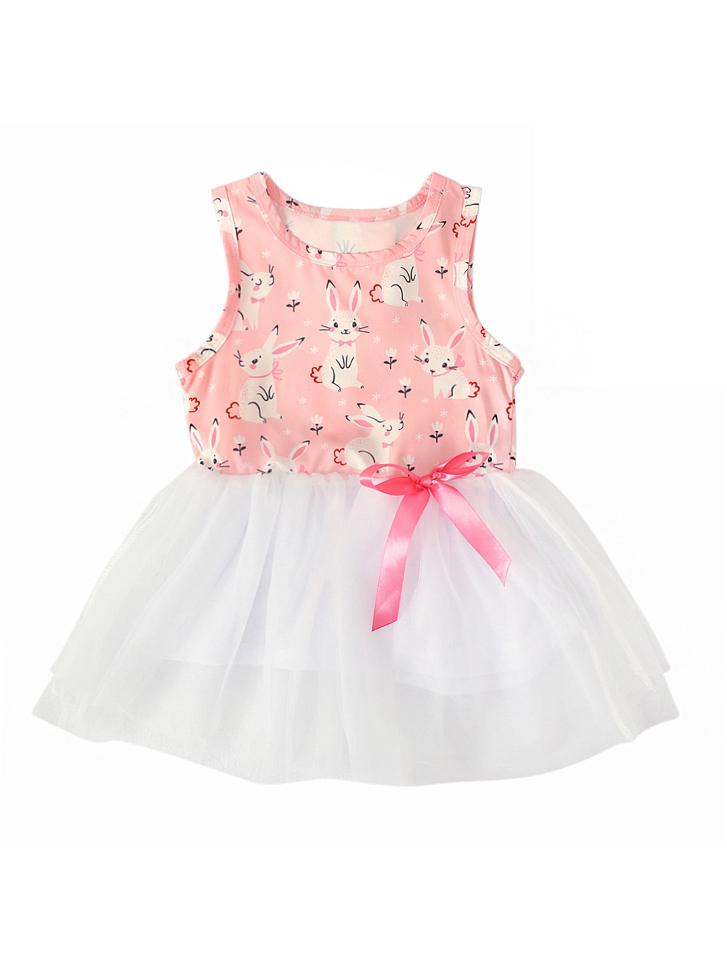 Spring hue Girl Sleeveless Rabbit Print Lace Patchwork A-line Princess ...
