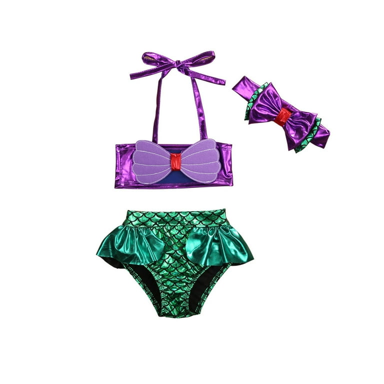 Spring hue Girls Mermaid Bikini Set Swimsuits Briefs Headband Summer Beachwear