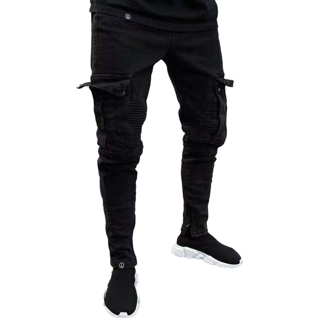 Spring hue Mens Slim Fit Urban Straight Leg Trousers Casual Pencil Jogger Cargo Pants Jeans